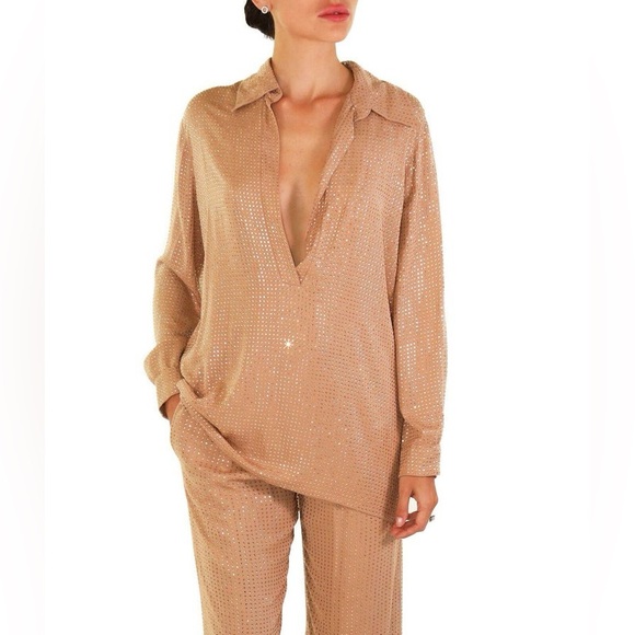 Gucci Crystal / Rhinestone Embellished Long Sleeve Blouse Tan Medium Like New